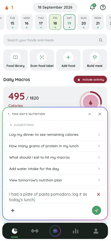Fitlyze coach suggestions over the nutrition day, with a meal being logged in plain words