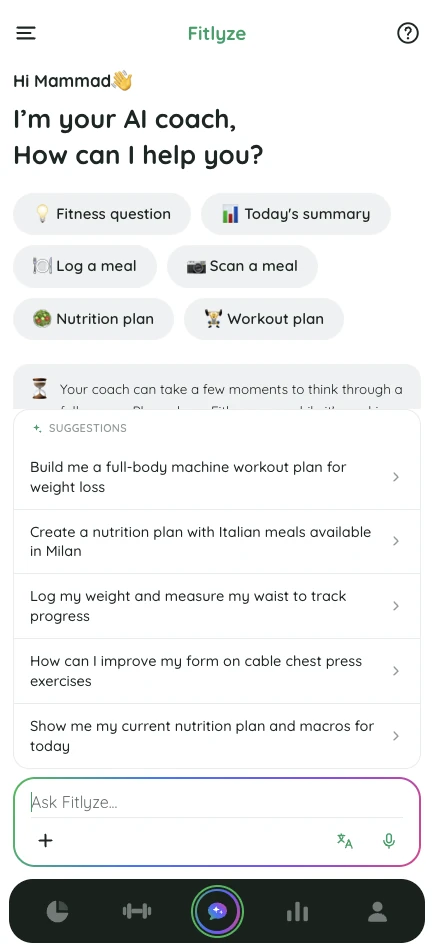 Fitlyze coach home: “I’m your AI coach”, with shortcuts and suggested things to ask