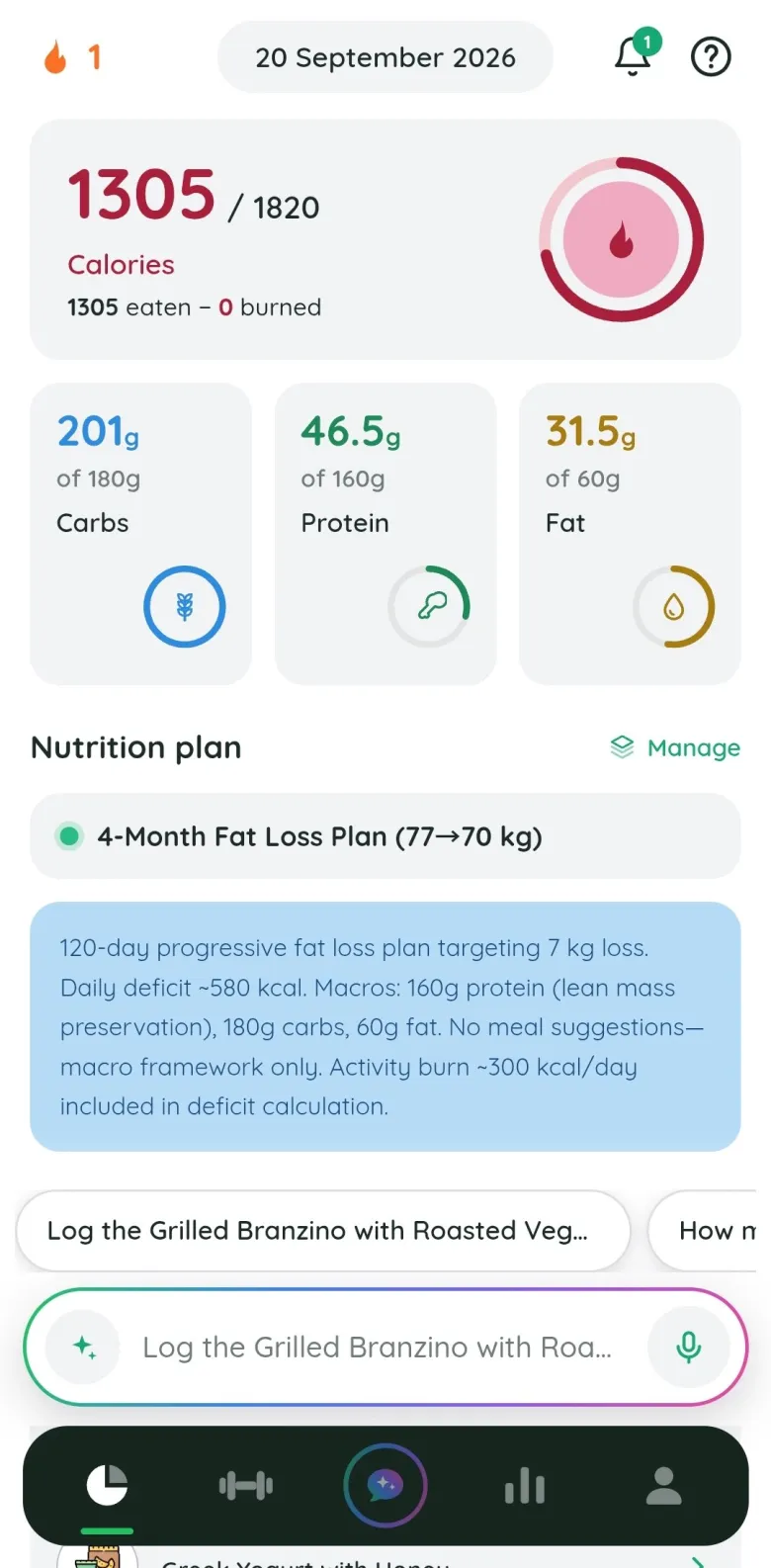 Fitlyze calorie ring and macro tiles above the active nutrition plan, a four-month fat loss plan with its daily targets