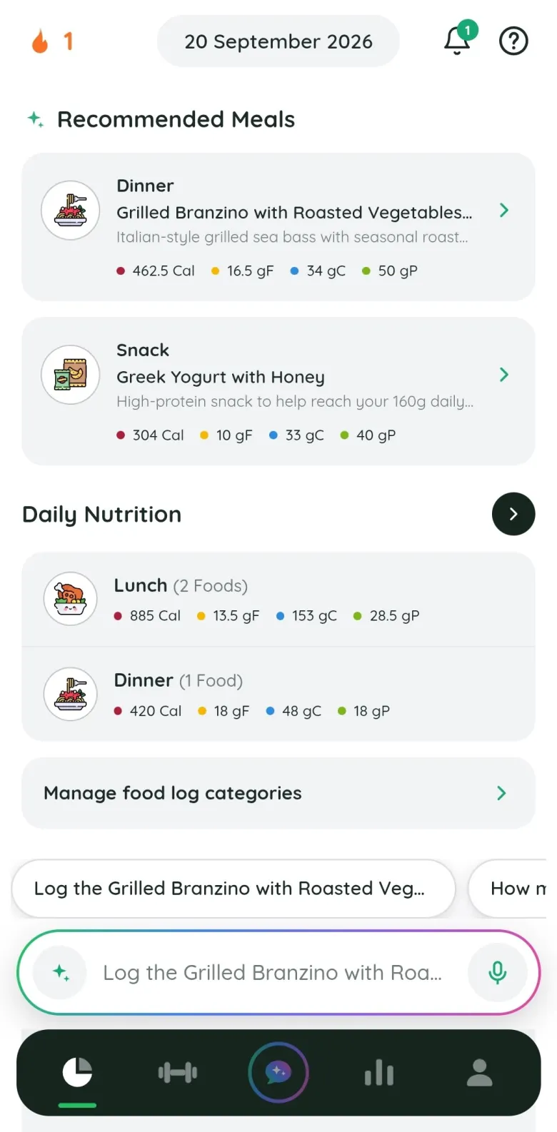 Fitlyze recommended meals for dinner and a snack, above the day's logged lunch and dinner