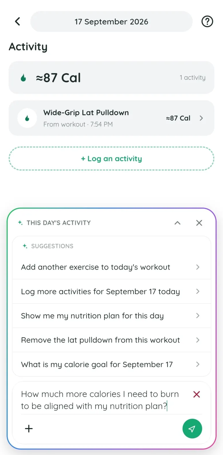 The Fitlyze coach open on the day's activity, asked how many more calories to burn to stay with the nutrition plan
